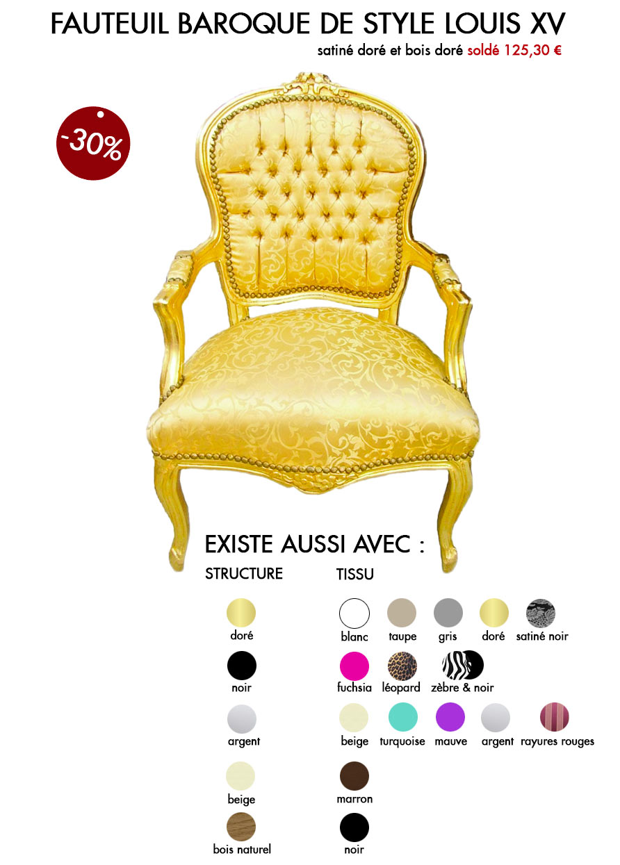 Soldes d’hiver 2ème démarque « fauteuil baroque de style Louis XV ».